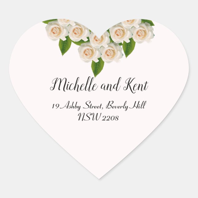 Elegant White Roses Return Address Heart Sticker (Front)