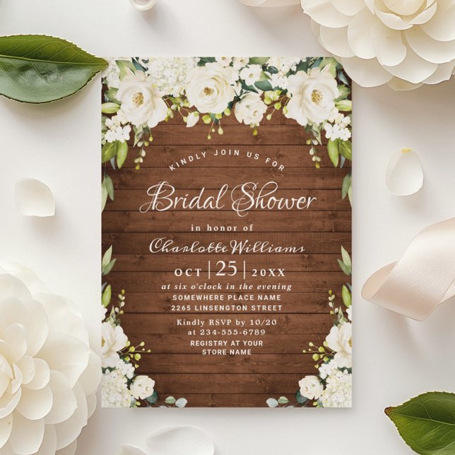 Elegant White Roses Rustic Wood Bridal Shower Invitation (Creator Uploaded)