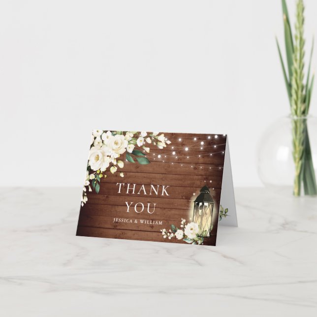 Elegant White Roses Rustic Wood Lantern Thank You Card (Front)