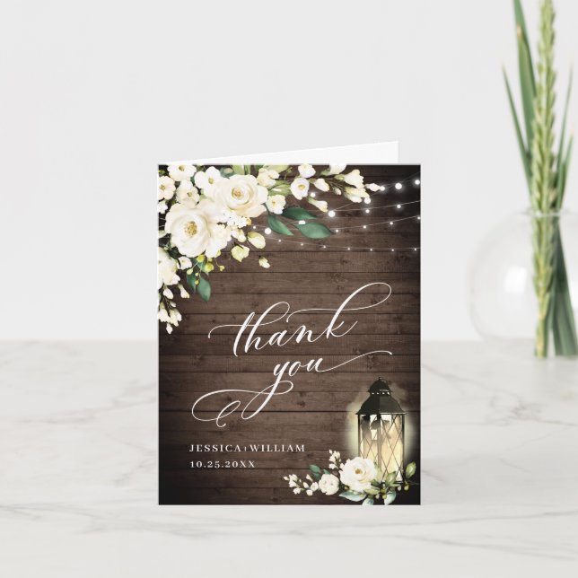 Elegant White Roses Rustic Wood Lantern Thank You Card (Front)