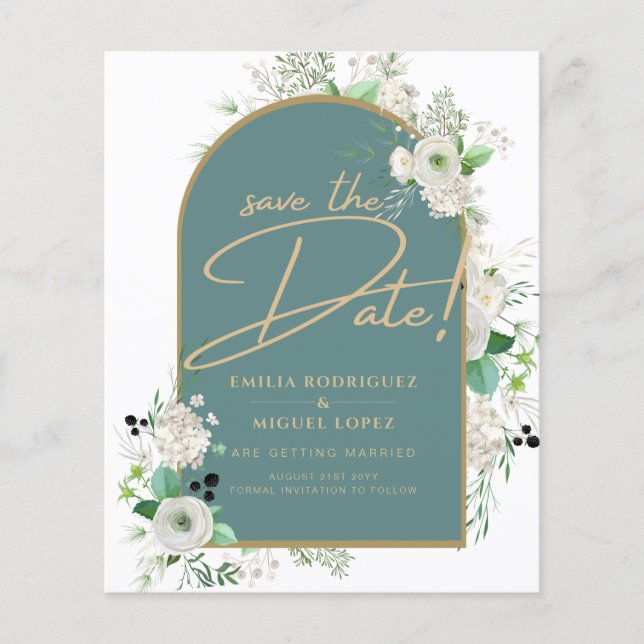 Elegant White Roses Sea Glass Arch Save Date Flyer (Front)