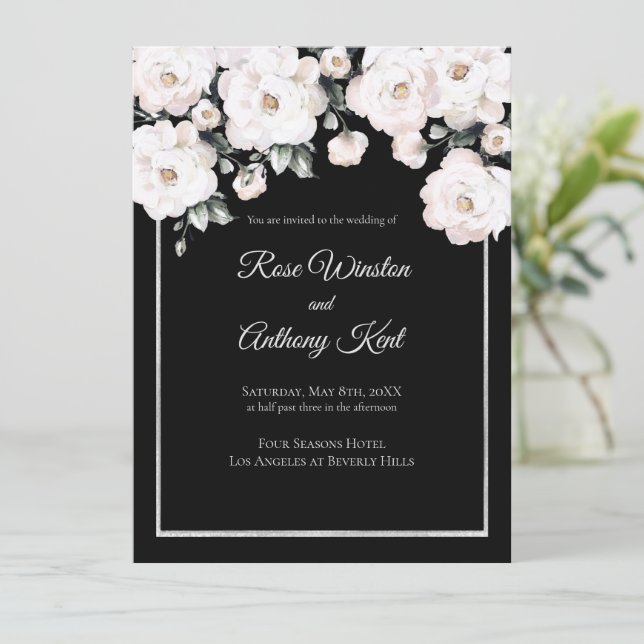 Elegant White Roses Silver Frame Black Wedding Invitation (Standing Front)