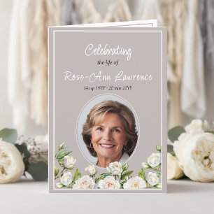 Elegant white roses taupe funeral folded program