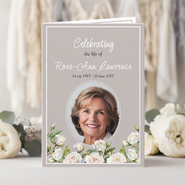 Elegant white roses taupe funeral folded program (Creator Uploaded)