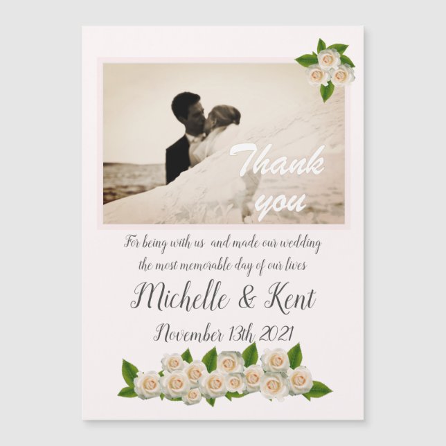 Elegant White Roses Thank You Magnetic Card (Front)