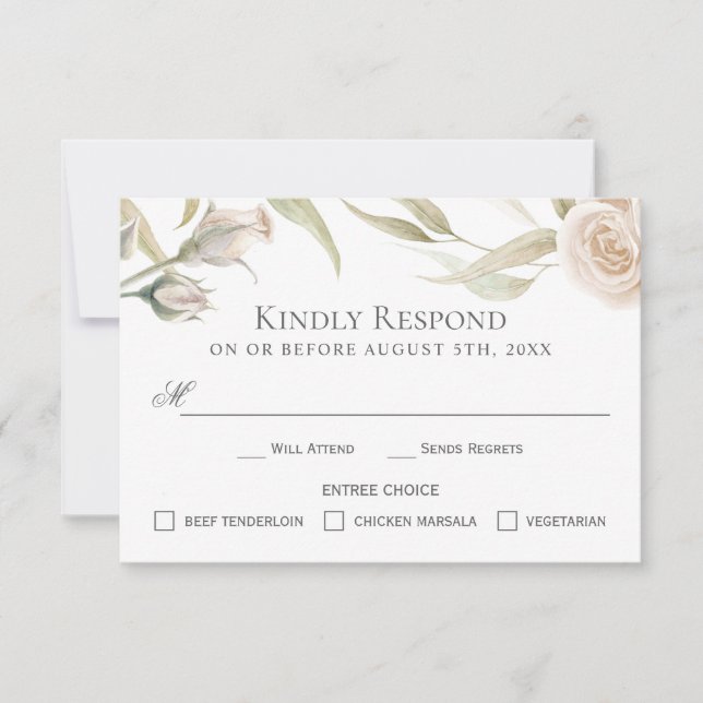 Elegant White Roses Watercolor RSVP with Entrees (Front)