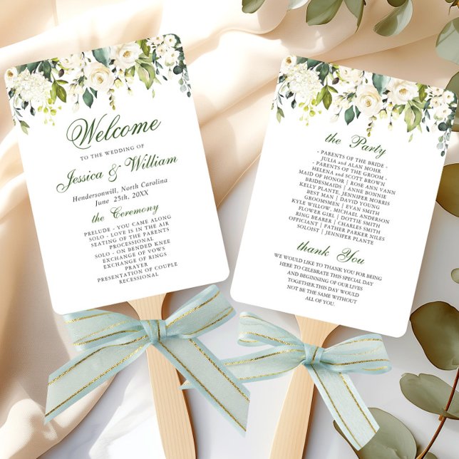 Elegant White  Roses Wedding Program Hand Fan (Creator Uploaded)