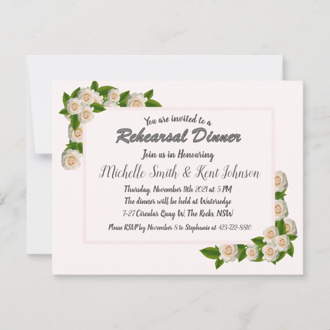 Elegant White Roses Wedding Rehearsal Dinner Invitation (Front)