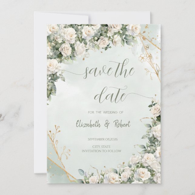 Elegant White Roses Wedding Save The Date (Front)