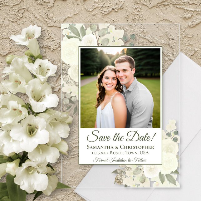 Elegant White Roses Wedding Save the Date Photo Acrylic Invitations (Clear Acrylic with Rectangle Cut)