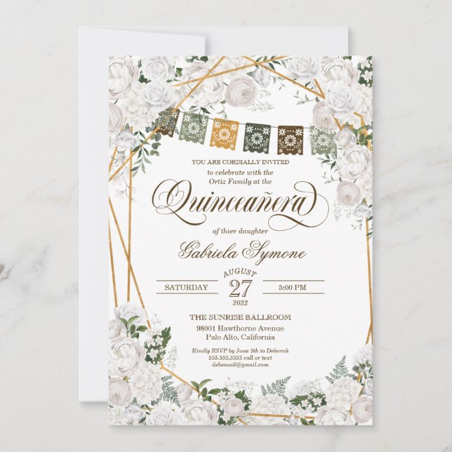 Elegant White Roses Western Rustic Quinceanera Inv Invitation (Front)