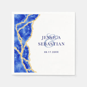 Elegant White Royal Blue and Gold Agate Wedding Napkin