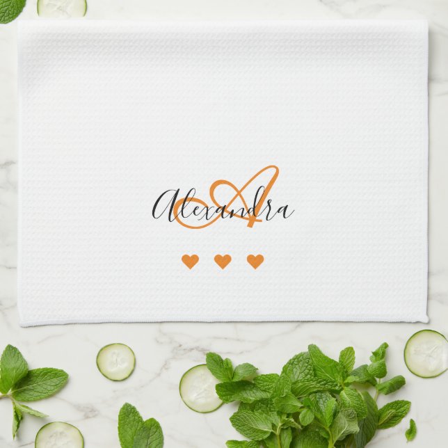 Elegant White Saffron Script Name Monogram  Tea Towel (Folded)