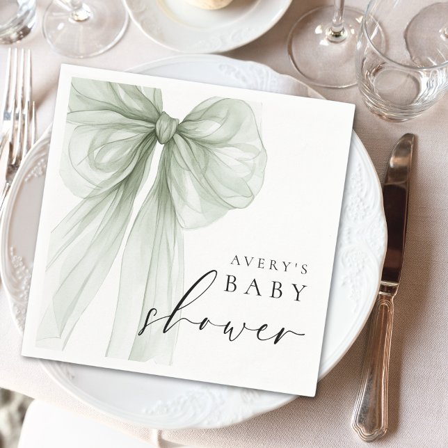 Elegant White Sage Green Bow Baby Shower Napkin (Creator Uploaded)