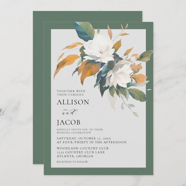 Elegant White Sage Green Floral Wedding Invitation (Front/Back)