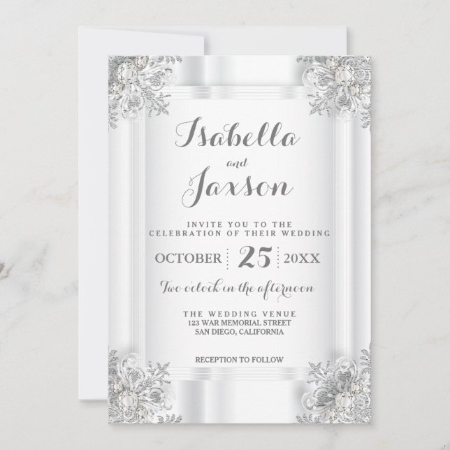 Elegant White Satin and Silver White Ornate Invitation (Front)
