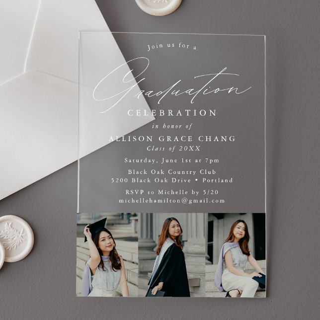 Elegant White Script 3 Photo Graduation Party Acrylic Invitations (Creator Uploaded)