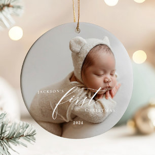 Elegant White Script Baby's First Christmas Photo Ceramic Ornament