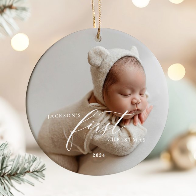 Elegant White Script Baby's First Christmas Photo  Ceramic Ornament (Creator Uploaded)