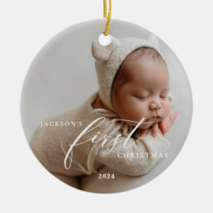 Elegant White Script Baby's First Christmas Photo  Ceramic Ornament