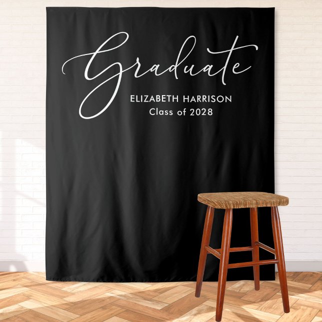 Elegant White Script Black Graduation Backdrop Tapestry (Creator Uploaded)