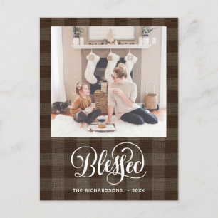Elegant White Script BLESSED Brown Buffalo Plaid Postcard