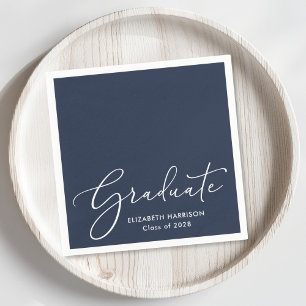 Elegant White Script Blue Graduation Party Napkin