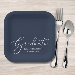 Elegant White Script Blue Graduation Party Paper Plate