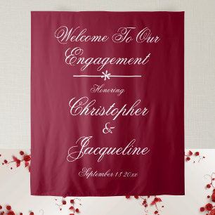 Elegant White Script Burgundy Red Engagement Party Tapestry