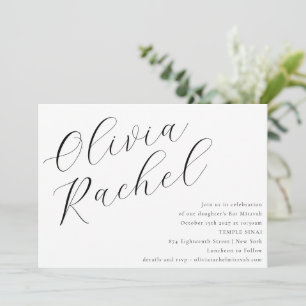 Elegant White Script Calligraphy Bat Mitzvah Invitation