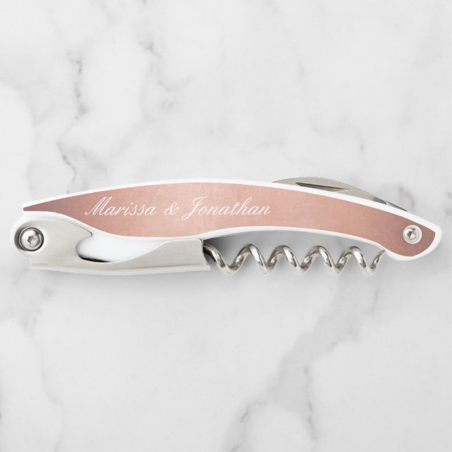 Elegant White Script Calligraphy Rose Gold Wedding Corkscrew (Front)