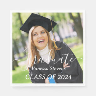 Elegant White Script Custom 2024 Graduation Photo Napkin