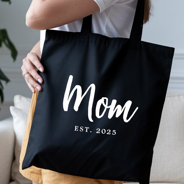 Elegant White Script Established New Mum Tote Bag (Elegant White Script Established Date New Mom Black Tote Bag)