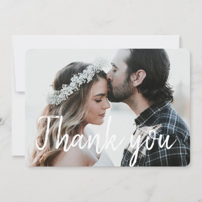 Elegant White Script Font Photo Thank You Card (Front)