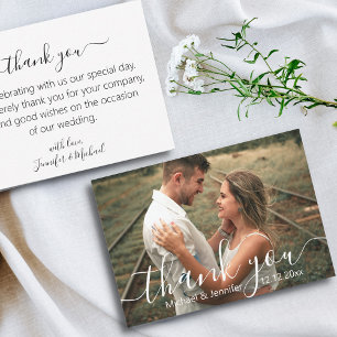 Elegant White Script Full Photo Wedding Thank You Card