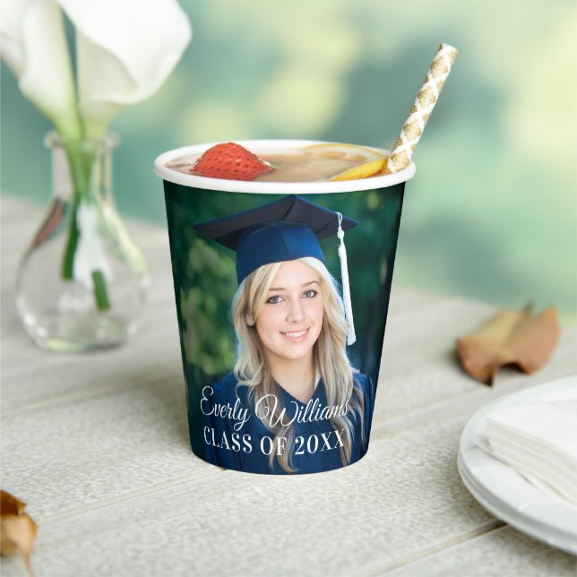 Elegant White Script Graduate Photo Paper Cups (Insitu)