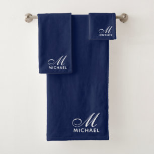 Elegant White Script Initial Monogram Navy Blue Bath Towel Set