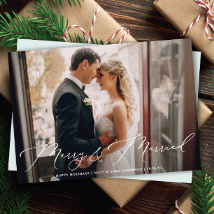 Elegant White Script Merry & Married Photo Holiday Card