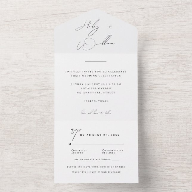 Elegant White Script Minimalist All In One Wedding Invitation (Inside)