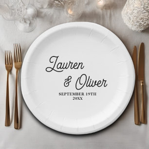 Elegant White Script Minimalist Wedding Paper Plate