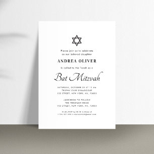 Elegant White Script Modern Simple Bat Mitzvah  Invitation