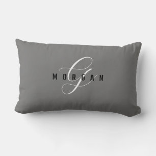 Elegant White Script Monogram & Black Name, Grey L Lumbar Cushion
