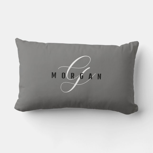 Elegant White Script Monogram & Black Name, Grey L Lumbar Cushion (Back)