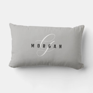 Elegant White Script Monogram & Black Name Lt Grey Lumbar Cushion