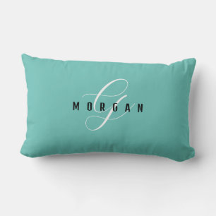Elegant White Script Monogram & Black Name Lt Teal Lumbar Cushion