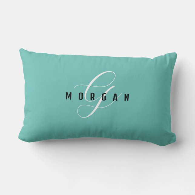 Elegant White Script Monogram & Black Name Lt Teal Lumbar Cushion (Back)