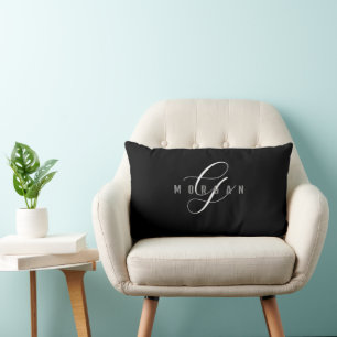 Elegant White Script Monogram & Grey Name on Black Lumbar Cushion