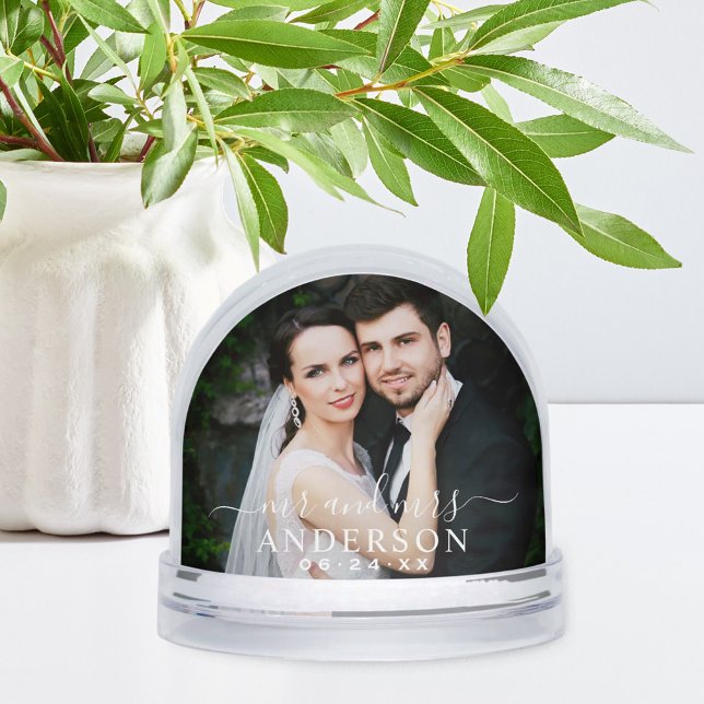 Elegant White Script Mr and Mrs Photo Snowglobe (Creator Uploaded)