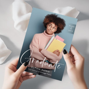 Elegant White Script Overlay Two Photo Graduation Announcement