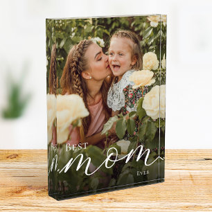 Elegant White Script Personalised Best Mum Ever Photo Block